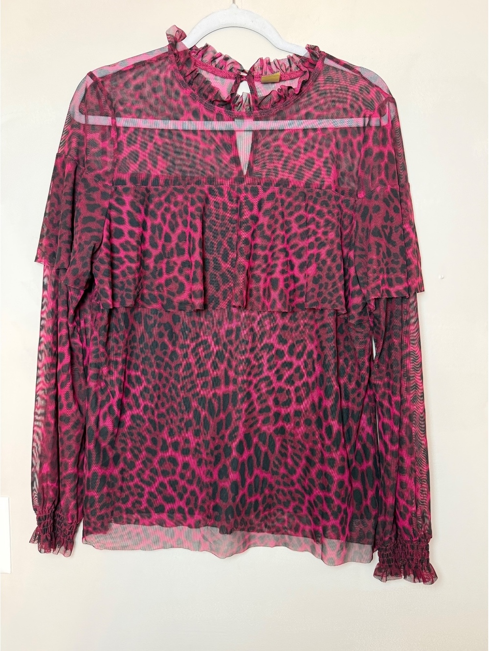 Women's Long Sleeve Sheer Pink and Black Leopard Print Blouse. Size Large